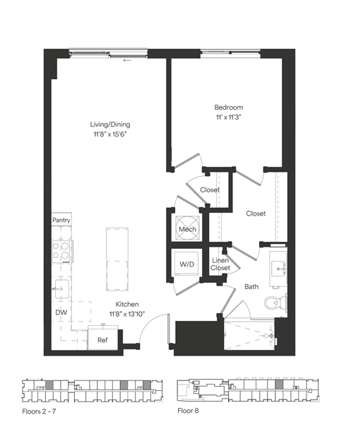 Floor plan for 1 bed, 1 bath, 732 sqft